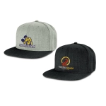 Two chisel flat peak caps are displayed, one grey with a logo and one black with a different logo.