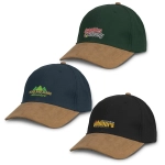 A set of three Outback Suede Peak Caps in dark green, navy, and black, each featuring a logo on the front.