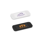 A white and black webcam cover with logos, featuring a sliding design for privacy protection.