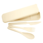A bamboo fibre cutlery set in cream, featuring a knife, fork, spoon, and a storage case with a logo.