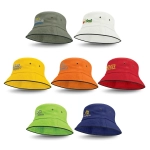A collection of eight bucket hats in various colours, each featuring a logo or branding.