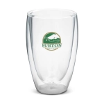A double wall glass in clear with a logo, featuring a sleek design and a 410ml capacity.
