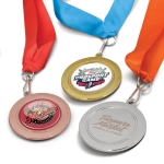 Three medals in bronze, silver, and gold, each with a ribbon in blue, orange, and red. One medal features a logo.