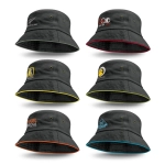 A collection of six black bucket hats featuring coloured sandwich trim and various logos.