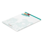 A5 note pad with 50 leaves, featuring a green and white design with a logo at the top.