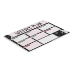 A desk planner with a weekly layout featuring a pink and black design, includes spaces for each day of the week.