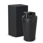 A drink bottle in matte black with a secure lid, displayed next to a black box. It features a logo.