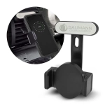 A black wireless charging phone holder with a logo, designed for car use, featuring a secure grip for devices.