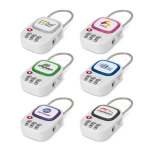 A set of six TSA locks in white, featuring various coloured logos and a combination dial for security.