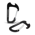 A black carabiner bottle opener with a simple design and a logo.