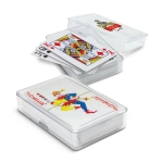 A set of Saloon Playing Cards in a clear case, featuring colourful card designs with a joker and face cards.