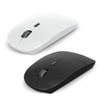 A black and a white wireless mouse sit side by side. Both have a sleek design and a scroll wheel. Each has a logo.