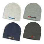 Four cable knit beanies in cream, grey, navy, and dark green, each featuring a branding logo.