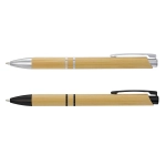 Two bamboo pens, one with a silver trim and the other with a black trim, both featuring a logo.