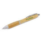 A bamboo pen with silver accents, featuring a logo on the barrel.