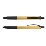 A bamboo pen with a black grip and trim, featuring a clip and a branding logo.