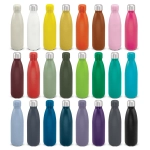 A drink bottle collection featuring various colours, including white, yellow, orange, pink, green, blue, and black, with metal caps.