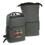 A green backpack is pictured, featuring a logo and zippered pockets, alongside a matching green tote bag.
