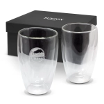 Double wall glass set of two, clear colour, presented in a black box with a logo.