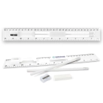 A stationery set featuring a clear ruler, two white pencils, and an eraser, all neatly arranged.