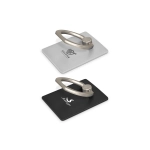 A silver and a black phone grip stand, each featuring a metal clip and a logo.