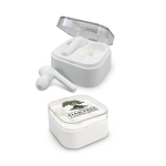 White Bluetooth earbuds in a transparent case, featuring a logo on the front.