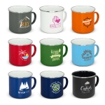 A collection of nine enamel mugs in various colours, each featuring a logo.