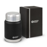 A drink bottle with a black matte finish and silver lid, accompanied by a black box, features a logo.