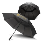 A black 76cm storm umbrella featuring a logo, showcasing a double canopy design.