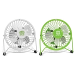 A desk fan set featuring a white fan and a green fan, both with metal grilles and stands. Each has a logo.