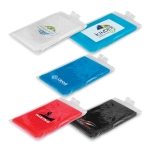 A set of four rectangular gel packs in blue, red, and black, each with a logo on the front.