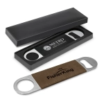 A drink bottle opener with a silver metallic finish, featuring a brown handle, presented in a black gift box.