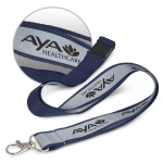 A navy and grey reflector lanyard featuring a clip and a logo.