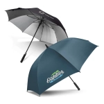A black and grey umbrella and a teal umbrella with a logo, featuring a curved handle and a sturdy frame.