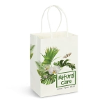 A small white paper carry bag featuring a floral and leaf design, with two handles and a logo.