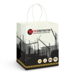 A medium, full-colour paper carry bag with a construction theme, featuring a logo and various illustrated elements.