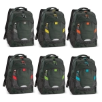 A collection of six green Summit Backpacks with various coloured accents in yellow, orange, red, and blue.