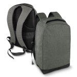 A green anti-theft backpack with padded shoulder straps and a sleek design, featuring a logo on the front.