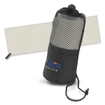 A black gym towel in a mesh pouch, featuring a branding logo, with a light grey background.