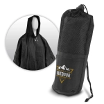 A black rain poncho with a hood, presented in a mesh storage bag featuring a logo.