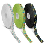 Three rolls of 20mm personalised ribbon in white, green, and black, featuring various patterns and a logo.