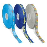 Three rolls of personalised ribbon in blue, dark blue, and grey, featuring various coloured logos and designs.