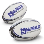 A rugby ball in white with blue and black accents, featuring a logo. Two balls are positioned side by side.