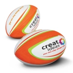 Two rugby balls in orange and white, featuring a logo and designed for junior players.