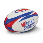 A rugby ball mini featuring a colorful design with red, blue, and white accents, branded with "Rhino Sports."