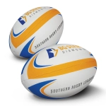 A rugby league ball featuring a white body with blue and orange accents, alongside a branding logo.