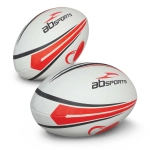 A rugby league ball featuring a white base with red and black accents, and a branding logo.