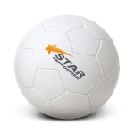 A white soccer ball with black pentagonal panels and an orange star logo.