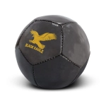 A black mini soccer ball with a logo featuring a golden eagle.