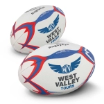 Two touch rugby balls featuring a white base with red and blue designs, each with a logo.